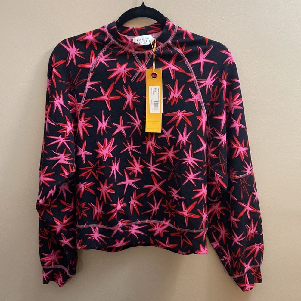 TANYA TAYLOR Emily Pullover in Pow Printed Ponte Black Red Stars Sweater Top XS